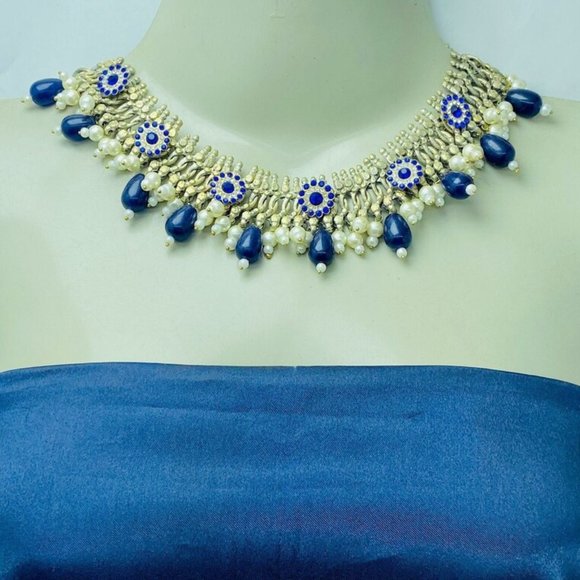 Silver Kuchi Jewelry Set With Blue Glass Stones, Vintage Boho Kuchi Handmade Tri - Picture 1 of 15